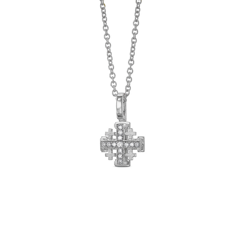 Tiny 18K Gold Double Layer Jerusalem Cross Necklace with Diamonds - 18K White Gold