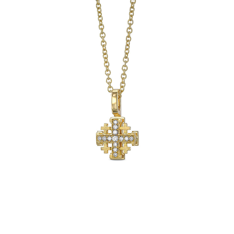 Tiny 18K Gold Double Layer Jerusalem Cross Necklace with Diamonds