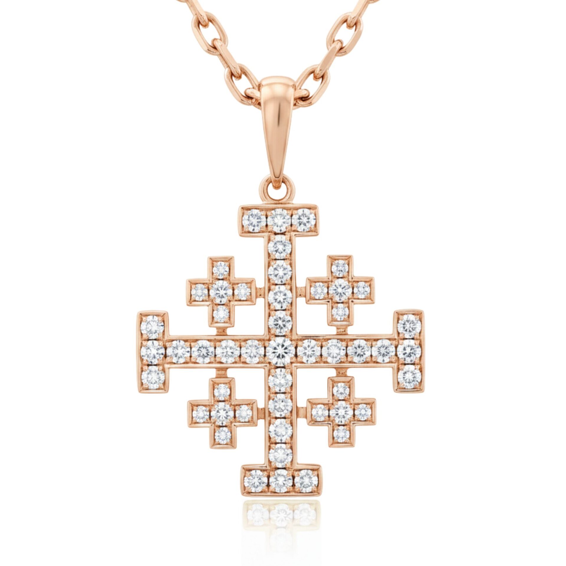 Large 18K Gold Jerusalem Cross Necklace with Diamonds - 18K Rose Gold