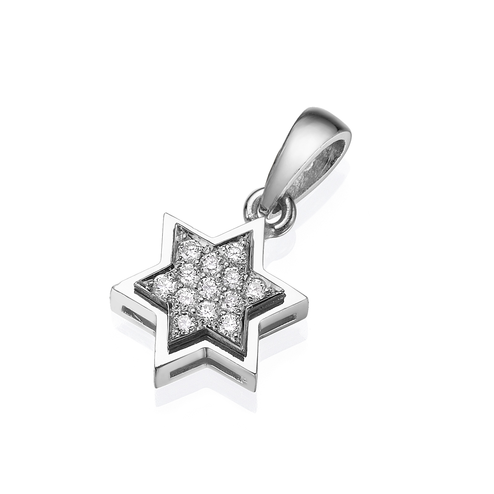 Delicate Star of David pendant made in 18k gold and set with white diamonds. - 18K White Gold