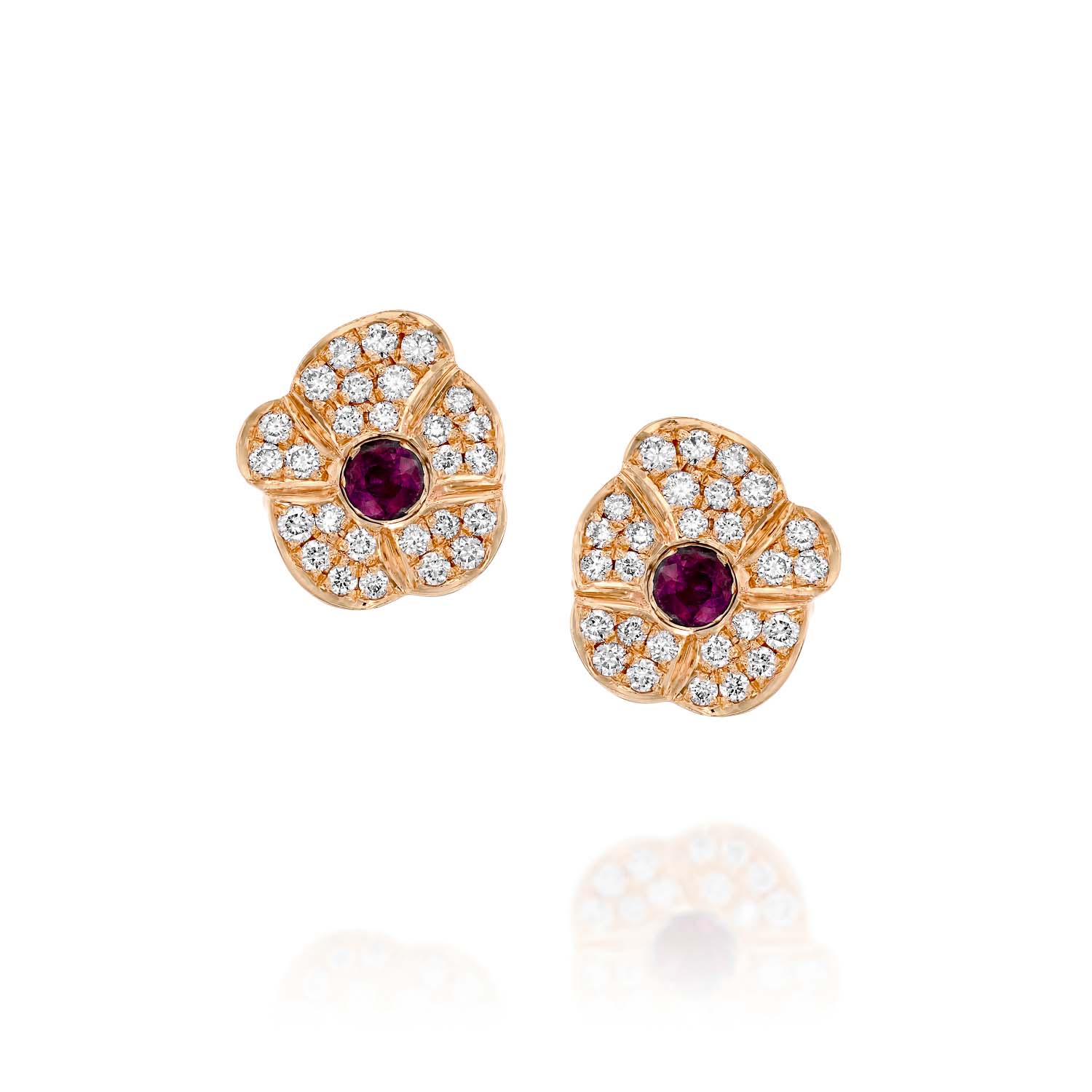 Flower Earrings with Diamonds and Ruby - 18K Rose Gold