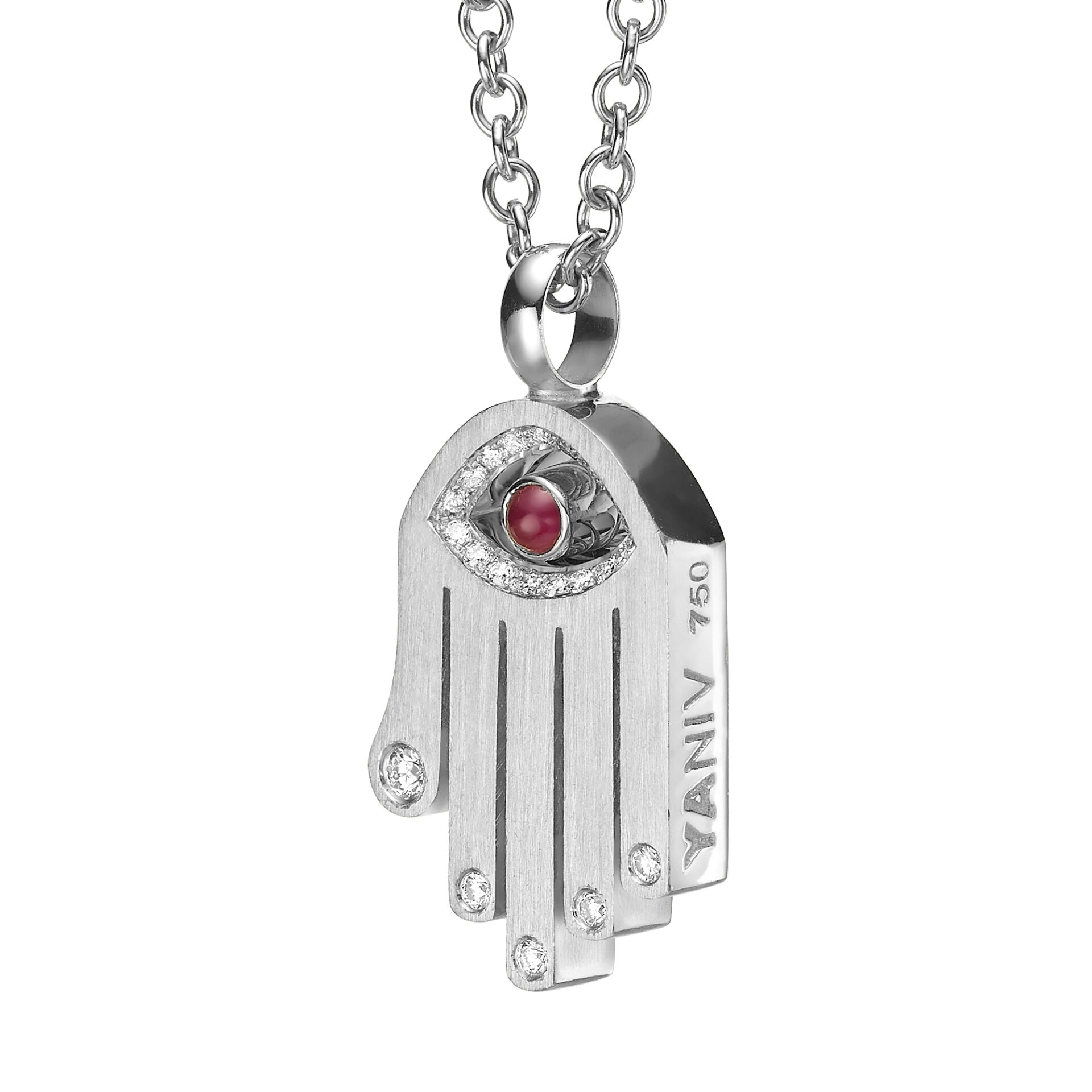 Ruby Hamsa Necklace with Diamonds - 18K White Gold