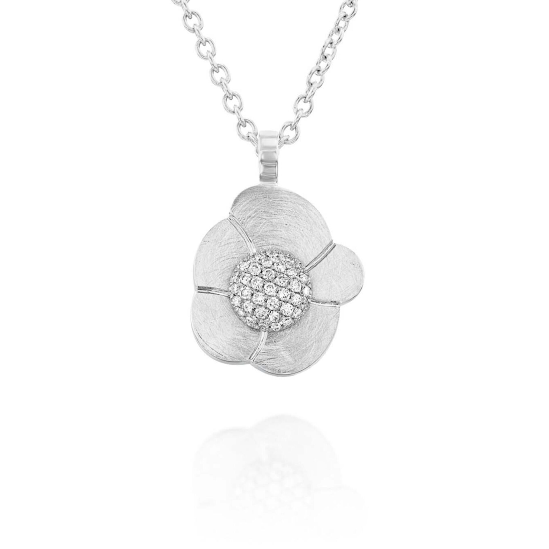 18K White Gold Flower Pendant with Diamonds - 18K White Gold