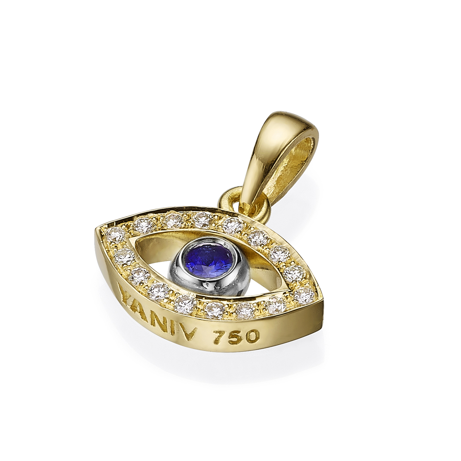 18K White Gold Eye Pendant with Sapphire & Diamond – 18'' Chain - 18K Yellow Gold