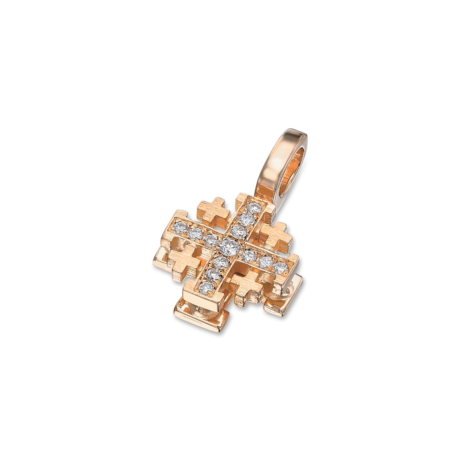 Tiny Jerusalem cross necklace in 18k Yellow Gold with Diamonds - 18K Rose Gold