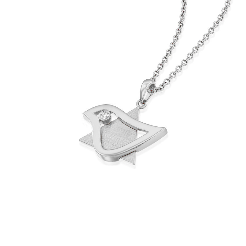 BESTSELLER - Dove and Star of David Pendant with Diamond - 18K White Gold