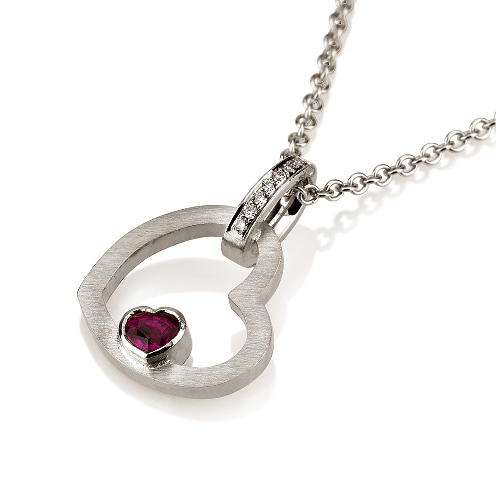 Ruby Heart Necklace with Diamonds - 18K White Gold