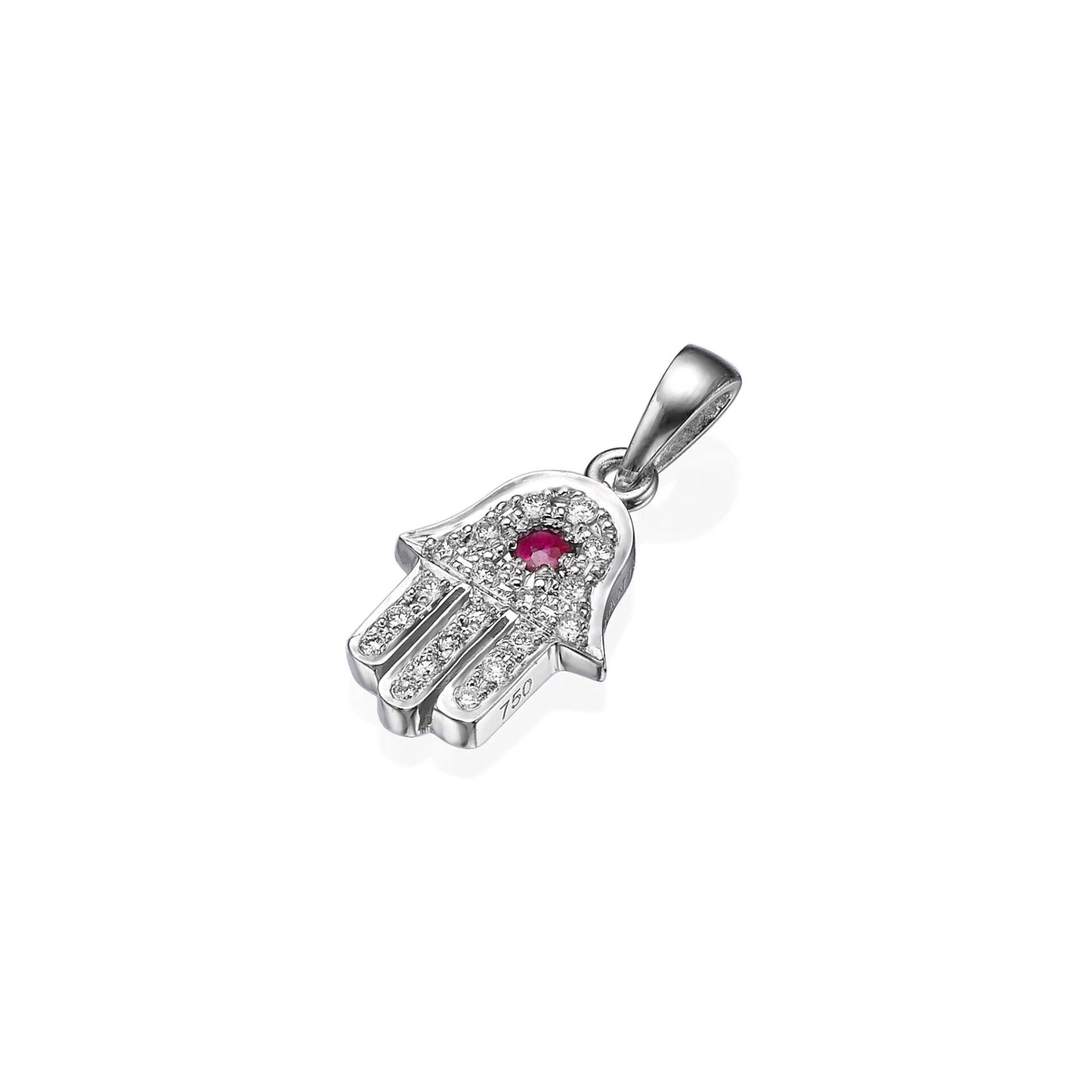 Evil eye hamsa pendant with diamonds and ruby - 18K White Gold