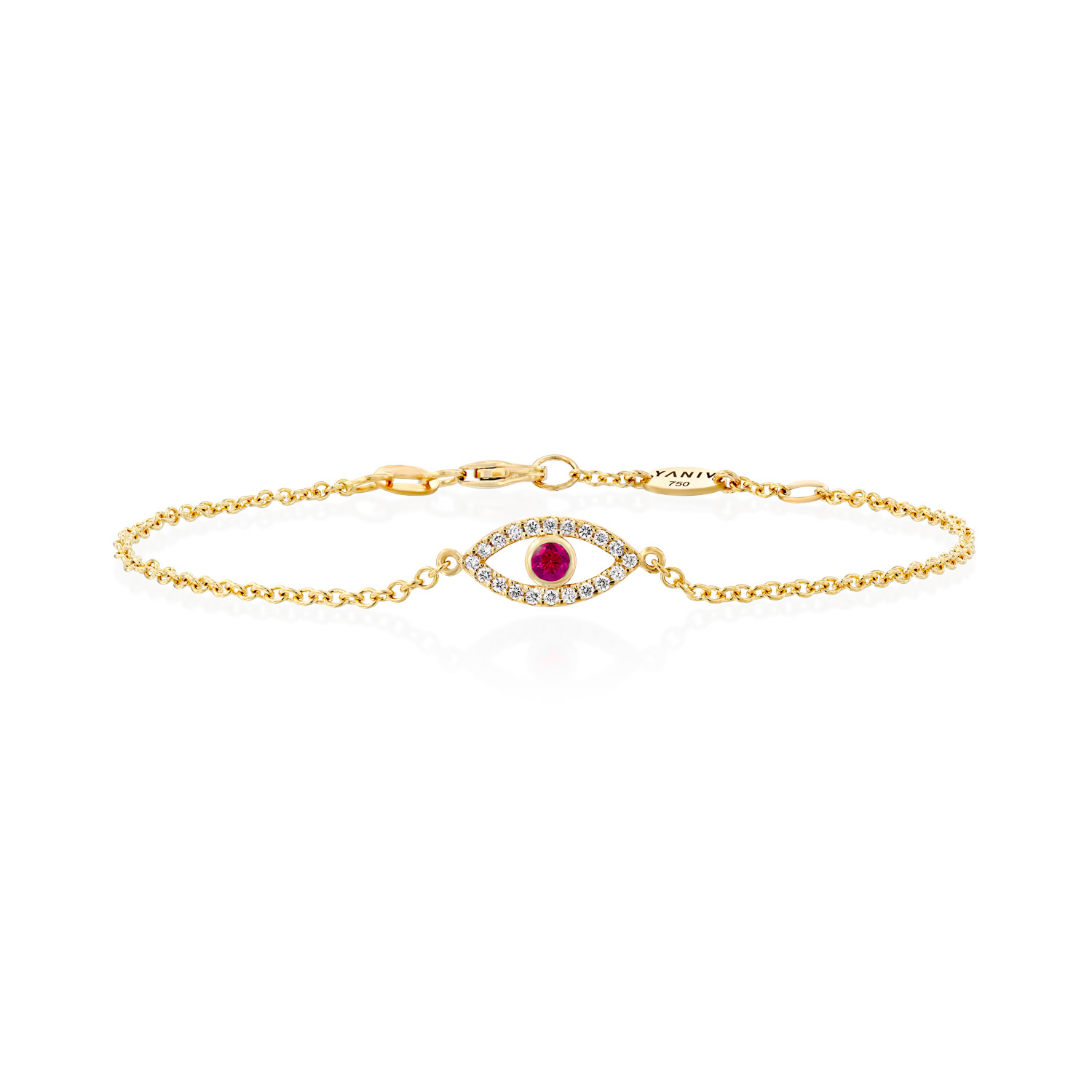 18K Gold Evil Eye Bracelet with Diamonds and Ruby - 18K Yellow Gold