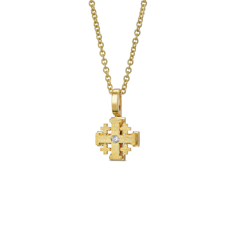 Tiny Jerusalem cross necklace with Diamond - 18K Yellow Gold