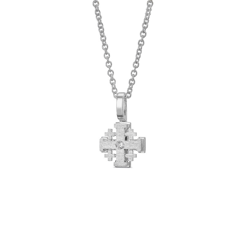 Tiny Jerusalem cross necklace with Diamond - 18K White Gold