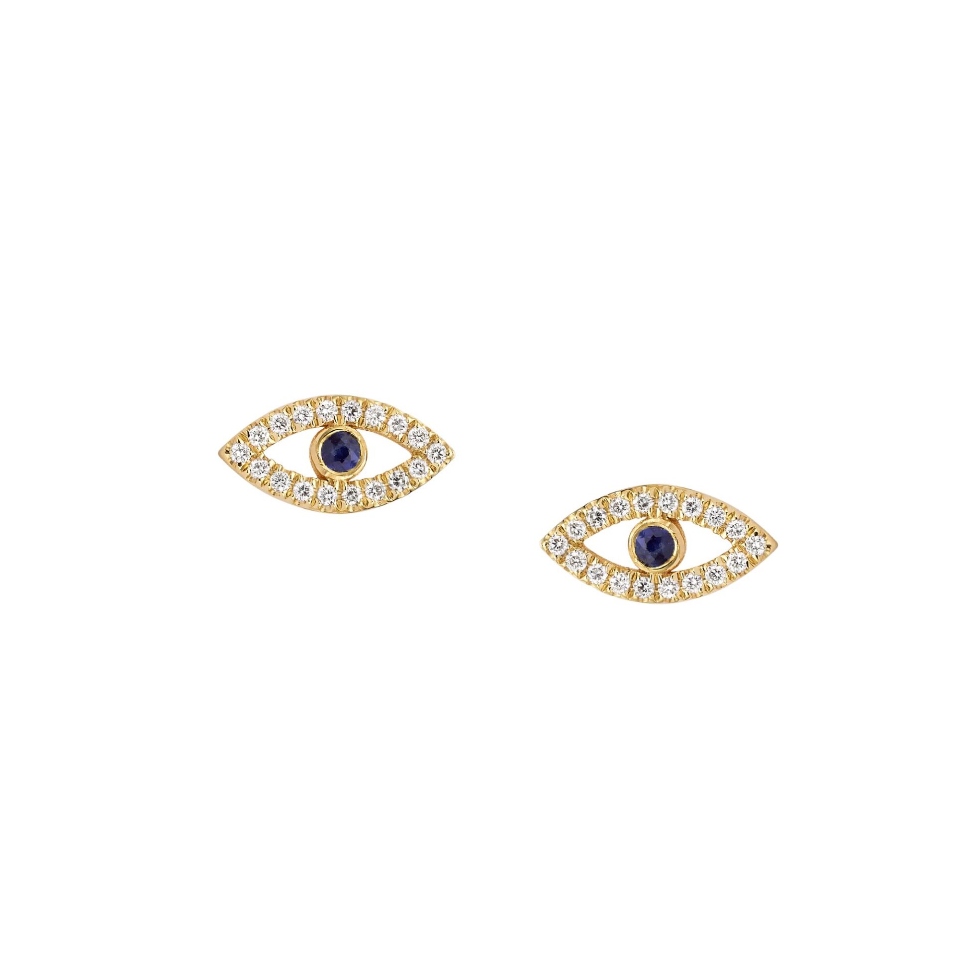 18K Gold Evil Eye Earrings with Diamonds & Blue Sapphire